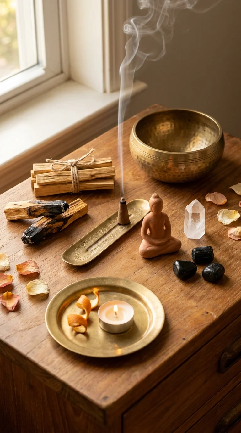 A bohemian altar corner with a brass singing bowl, palo santo bundle, a burning incense cone with rising smoke, a quartz point, and scattered dried petals