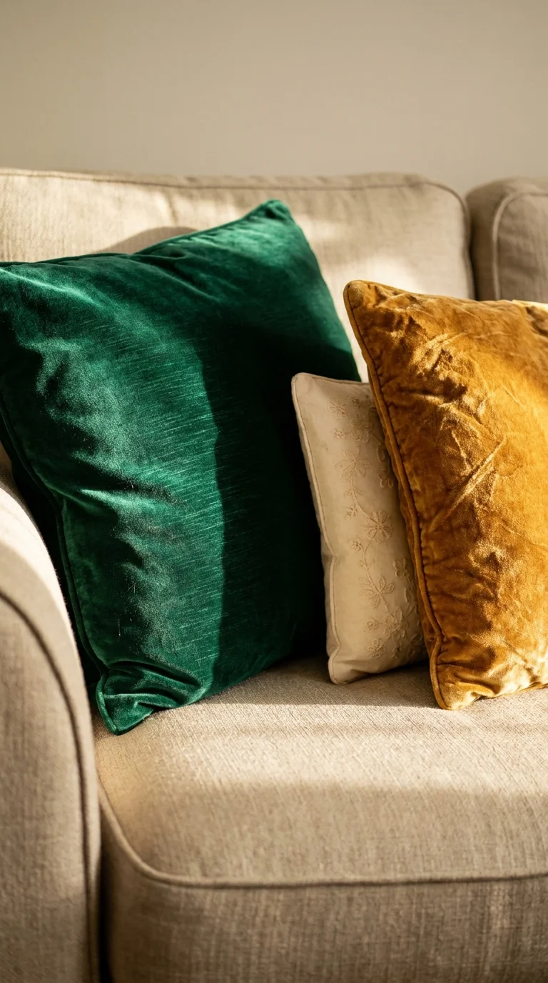 Deep emerald and warm amber velvet cushions with a cream embroidered cushion between them on an oatmeal linen sofa