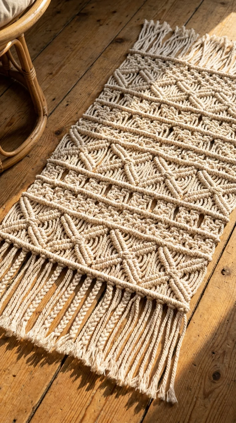 A handmade macramé floor mat in natural cotton rope with a knotted diamond pattern and long fringe on warm wood floorboards