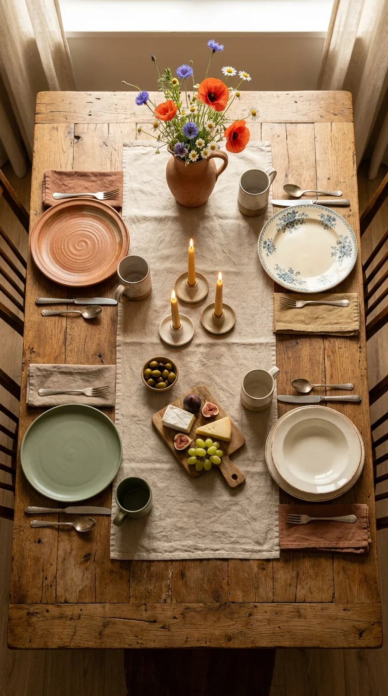An overhead bohemian table setting with deliberately mismatched vintage ceramics, a linen runner, wildflowers, candles, and a board of cheese and fruit