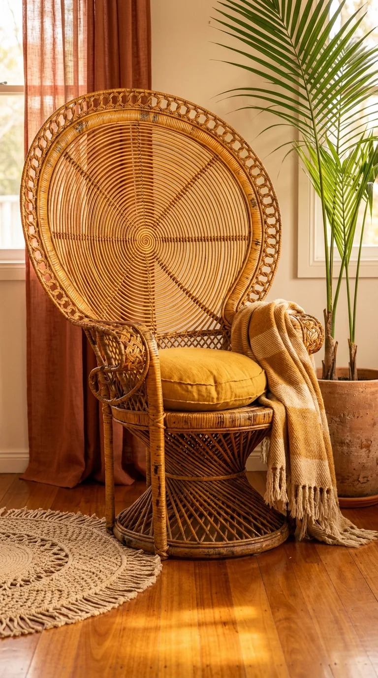 An iconic vintage peacock rattan chair with a saffron cushion in a warm bohemian bedroom corner beside a tall palm