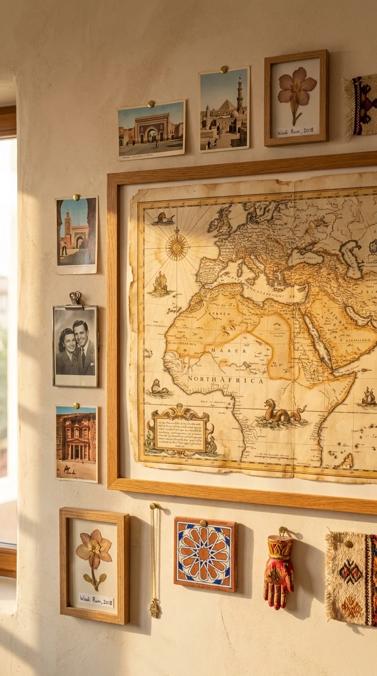 A bohemian wall arrangement around a sepia-toned vintage map of North Africa, surrounded by pinned postcards, photographs, and travel mementos