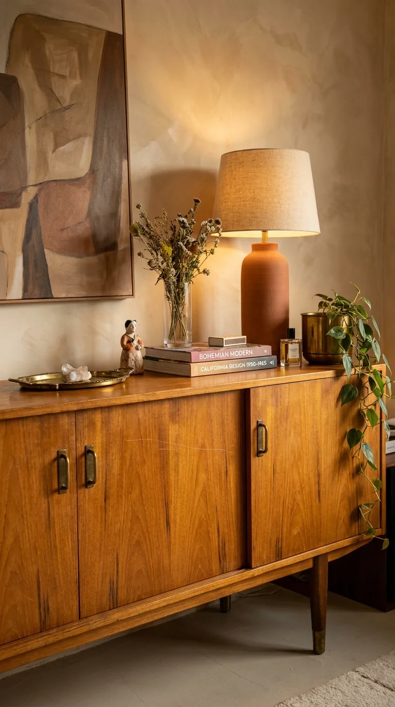 A mid-century teak sideboard styled with a terracotta lamp, dried wildflowers, art books, and a brass tray against a limewash wall