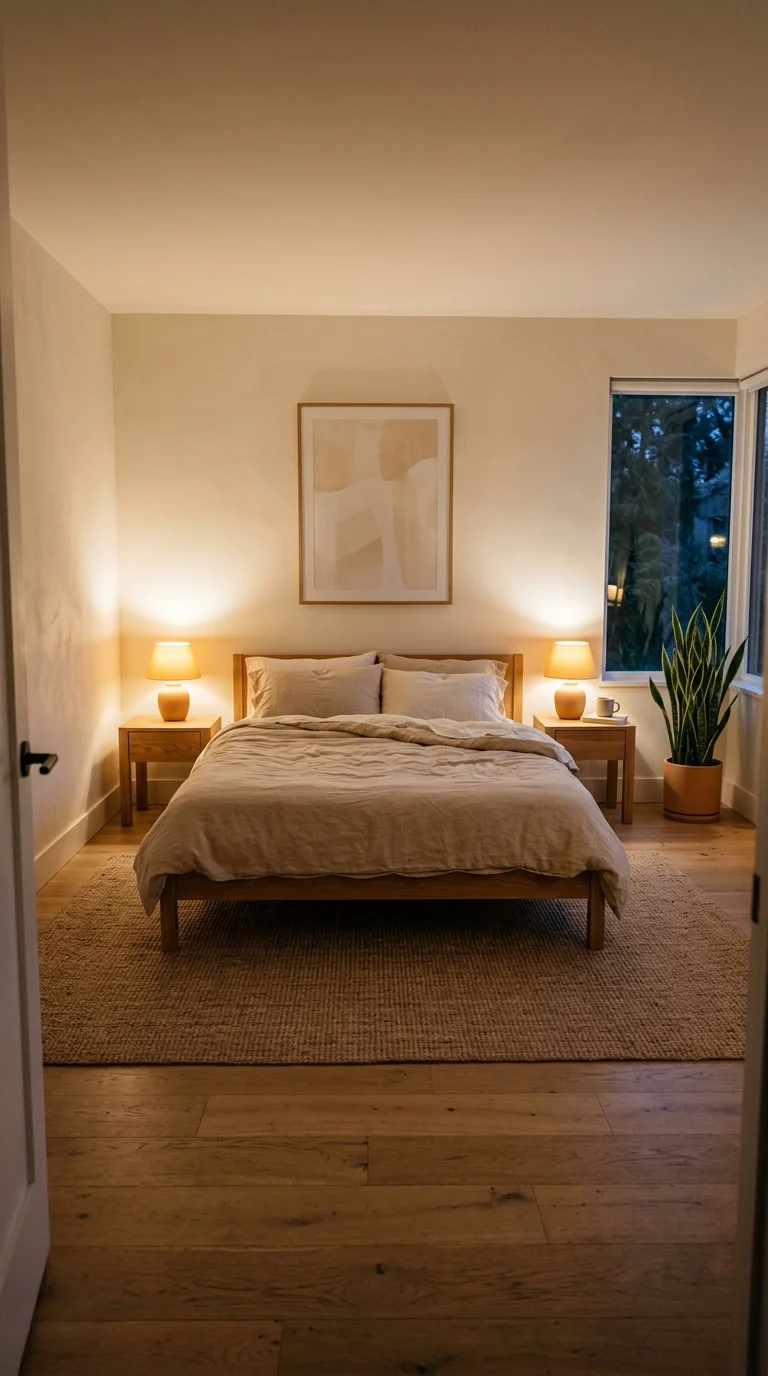 Complete cozy minimalist bedroom with five core elements