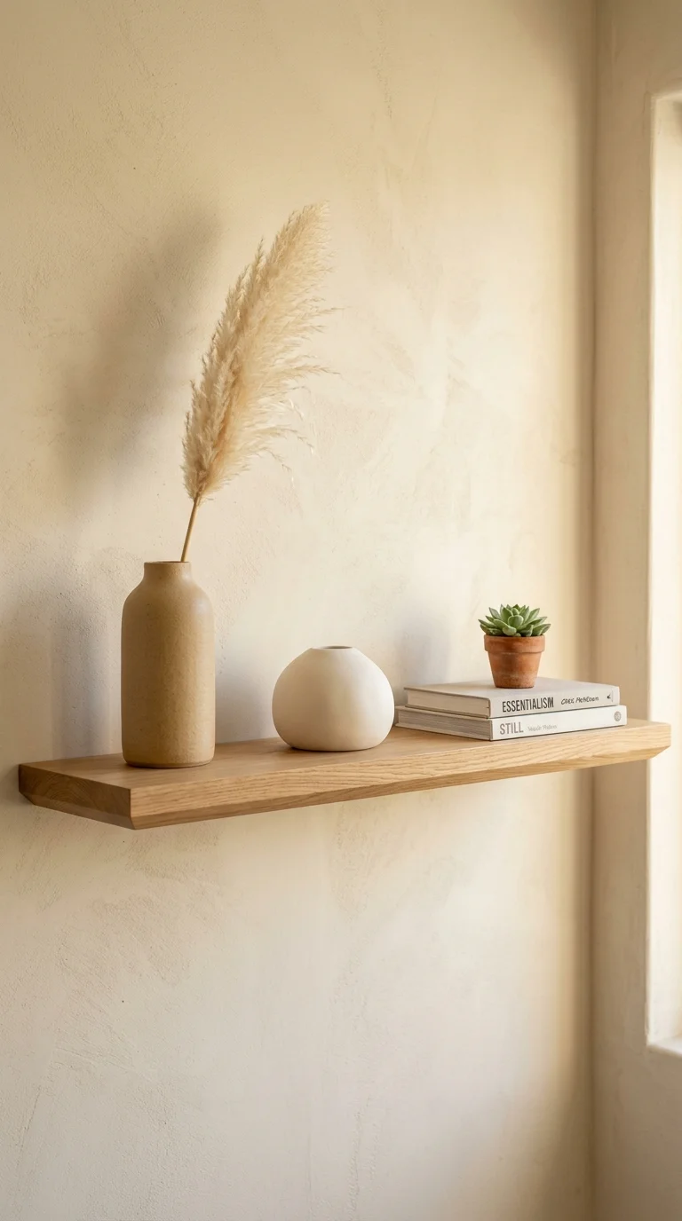 Single floating shelf with three objects and generous spacing