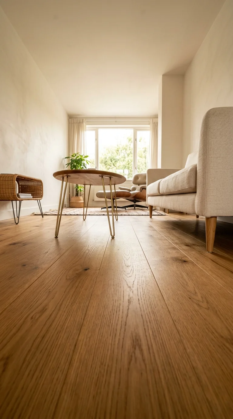 Low floor-level view showing legged furniture and open floor continuity