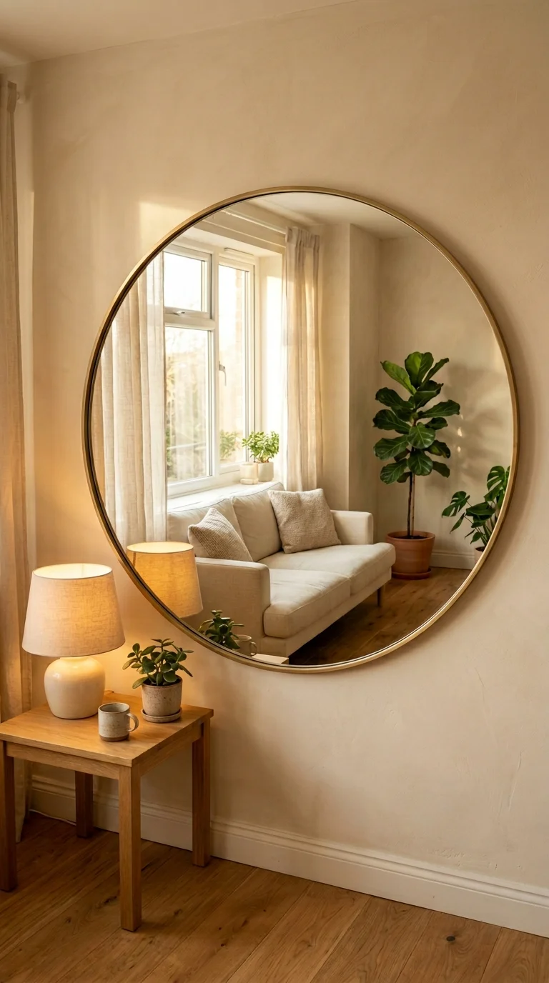 Large round brass mirror expanding a small warm minimalist room