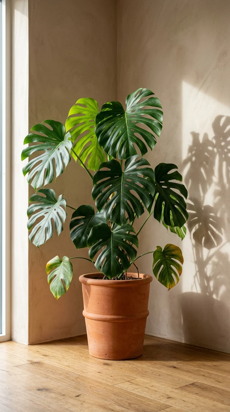 Single monstera in terracotta pot in a minimalist corner
