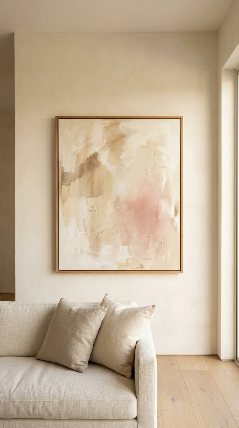 Single large artwork centered above minimalist sofa