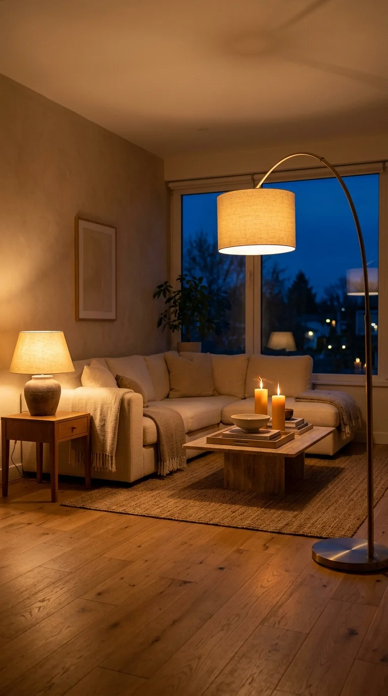 Evening cozy minimalist room with three layered warm light sources