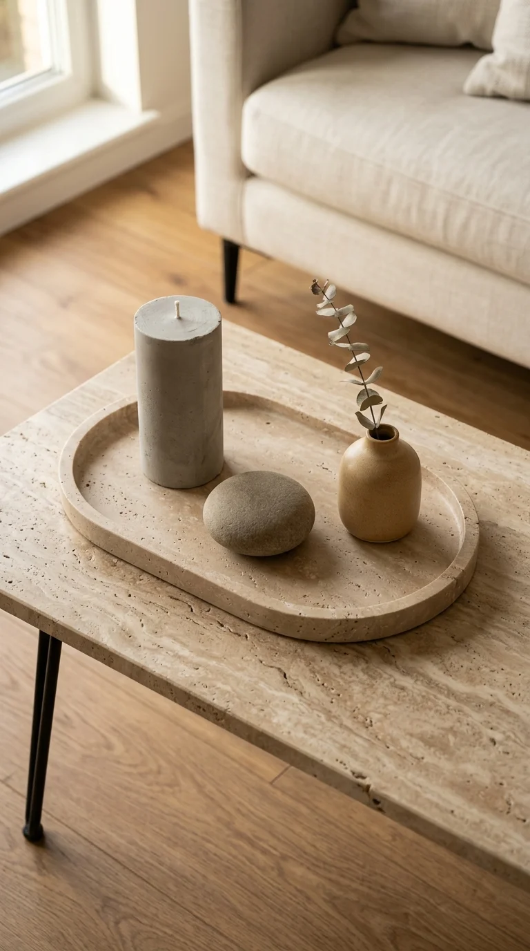 Travertine tray with three intentional objects on minimalist coffee table