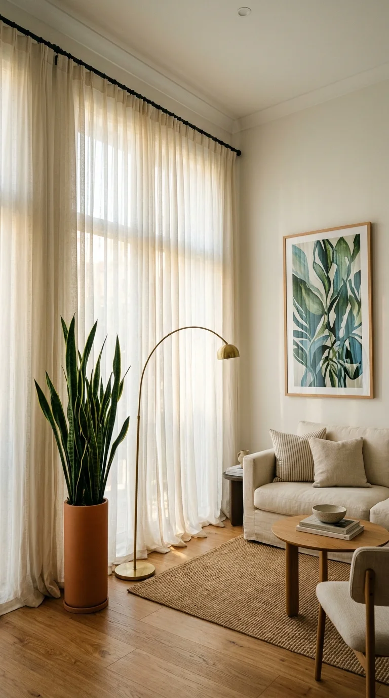 Small room using strong vertical lines to feel taller