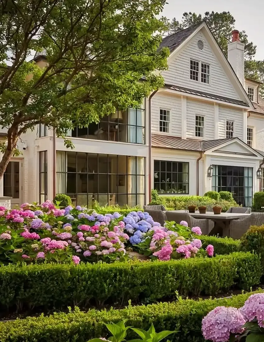 White house with horizontal siding above a glazed rear wall and pink hydrangeas in front