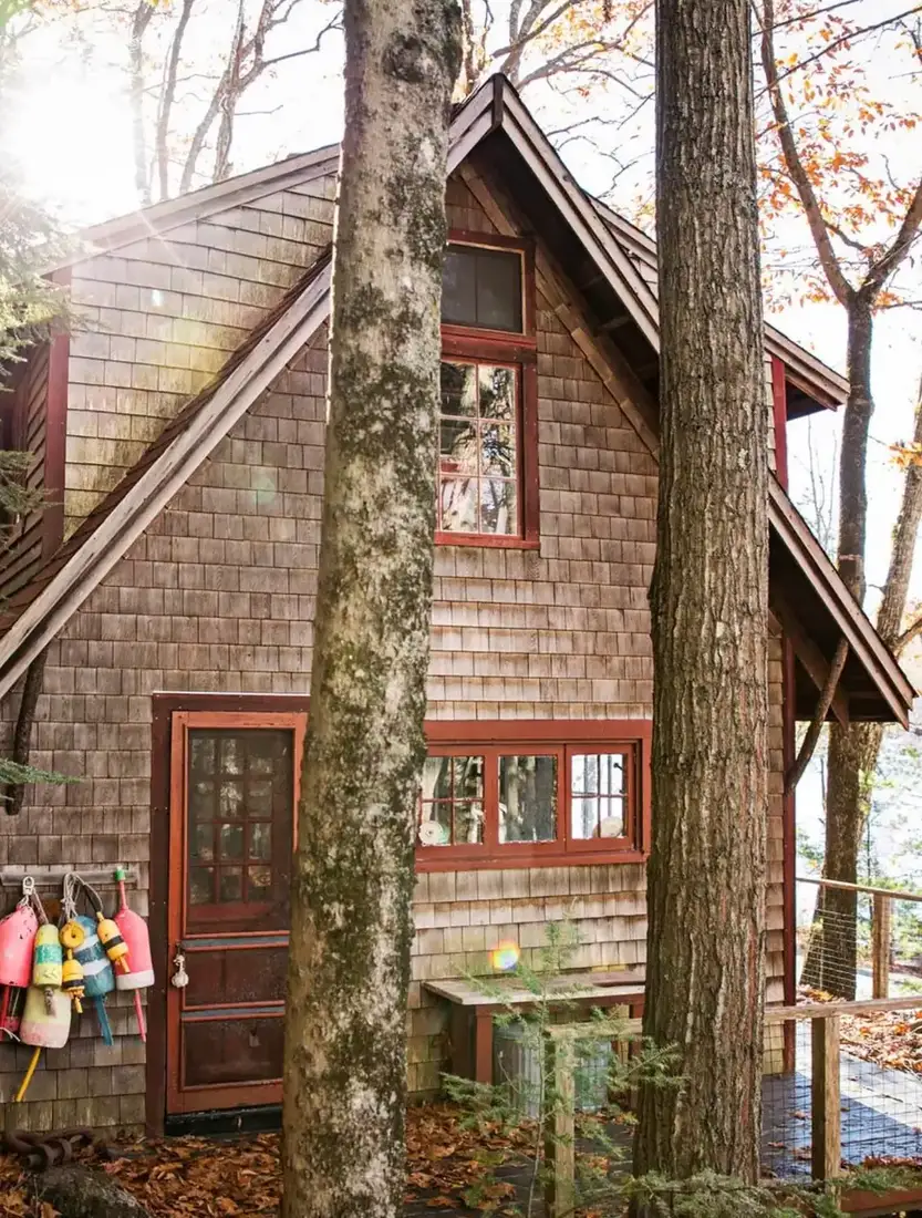 Lake cottage in cedar shingles set back among tall woodland trees