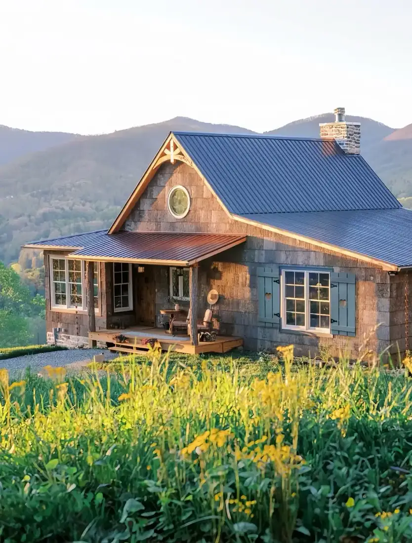 Rough cedar shake cabin with blue metal roof above a meadow