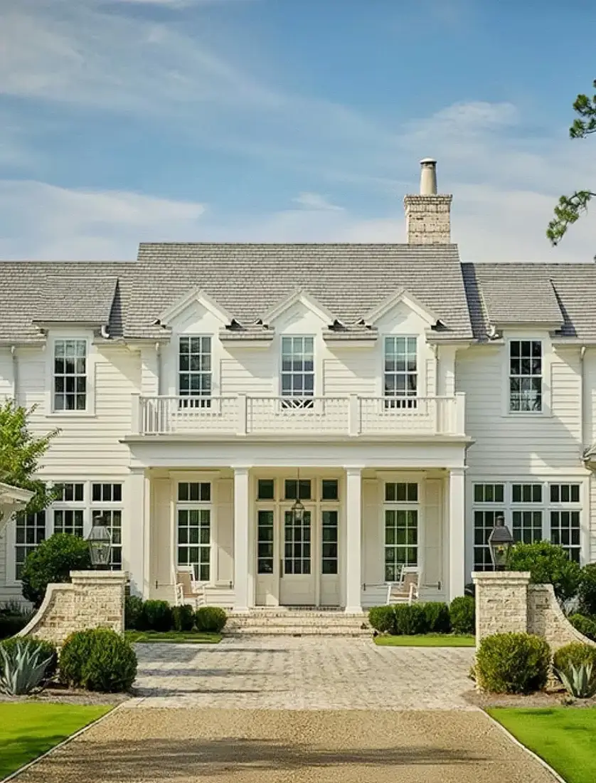 White painted house with grey shingle roof, columned porch, stone piers and gravel drive