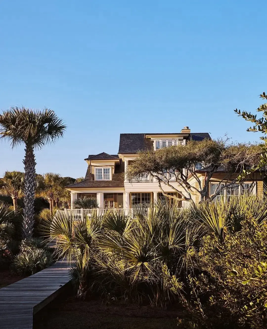 Coastal beach house exterior with palm trees in front