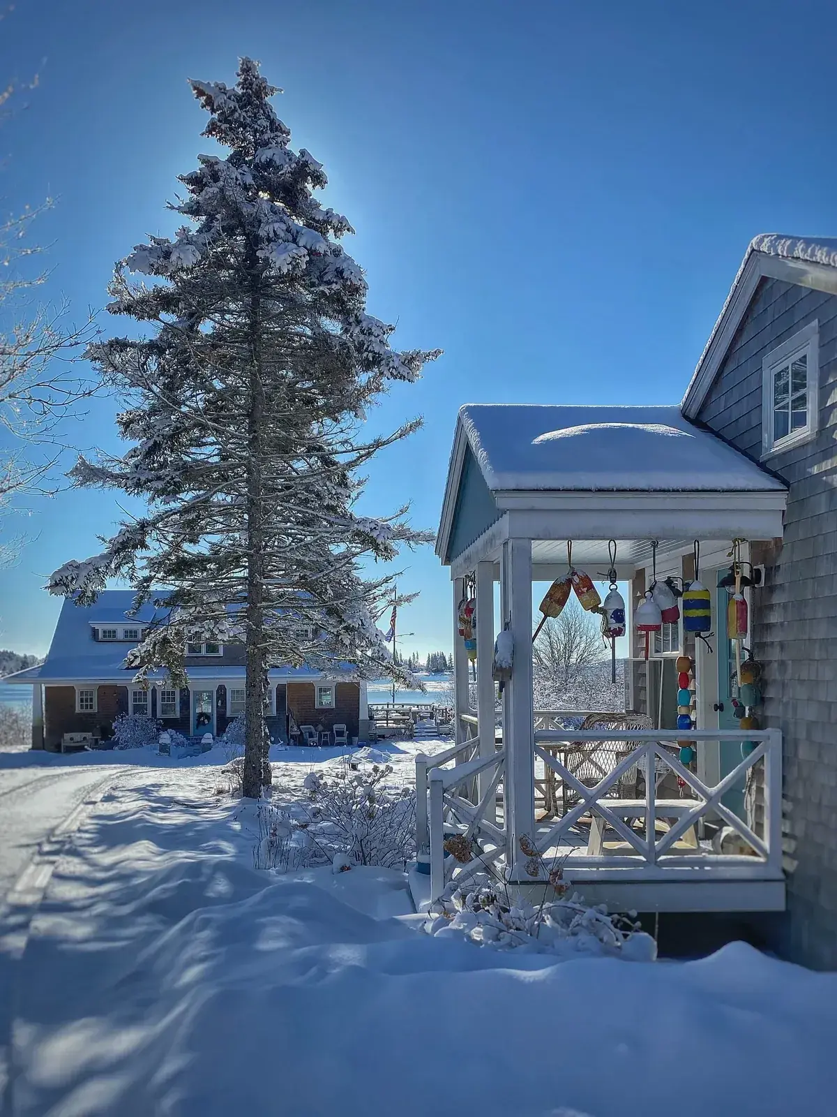 Winter coastal porch decorated for Christmas with evergreens and lanterns