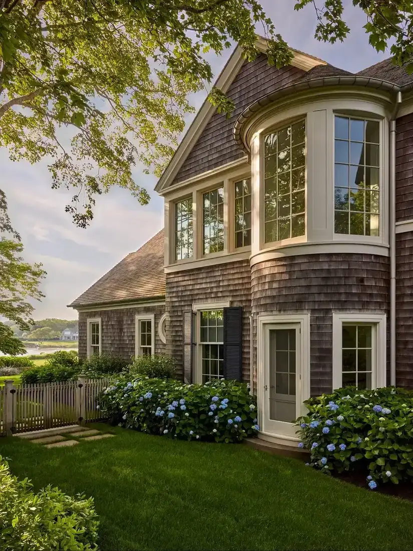 Shingle house with a curved bay window and hydrangeas beneath