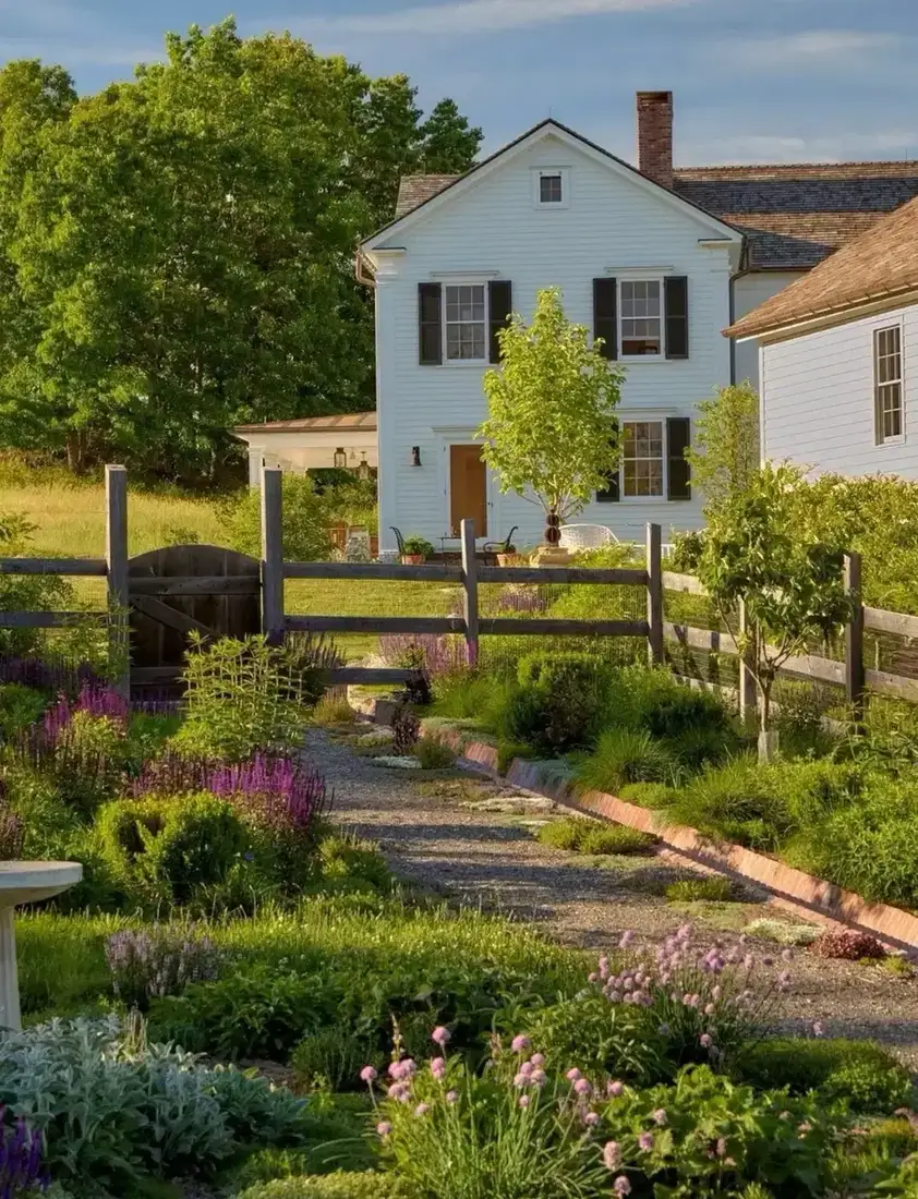 Small white farmhouse with black shutters and timber door behind a garden
