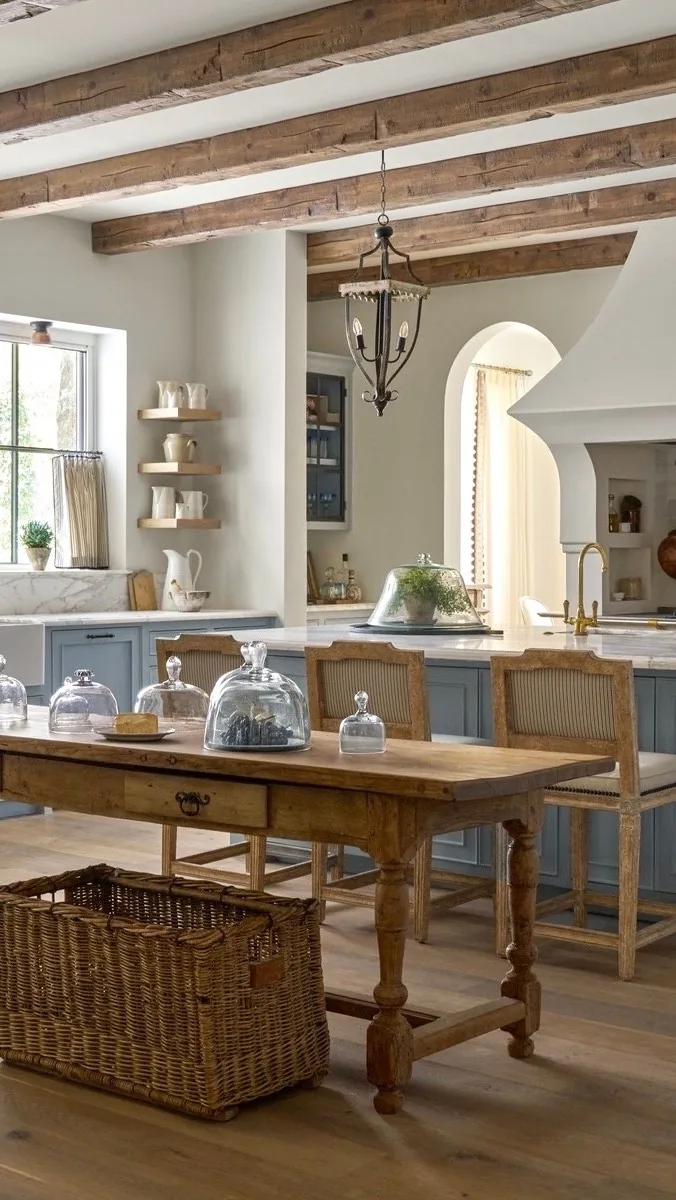 Scrubbed pine table in front of a blue grey island under dark oak beams