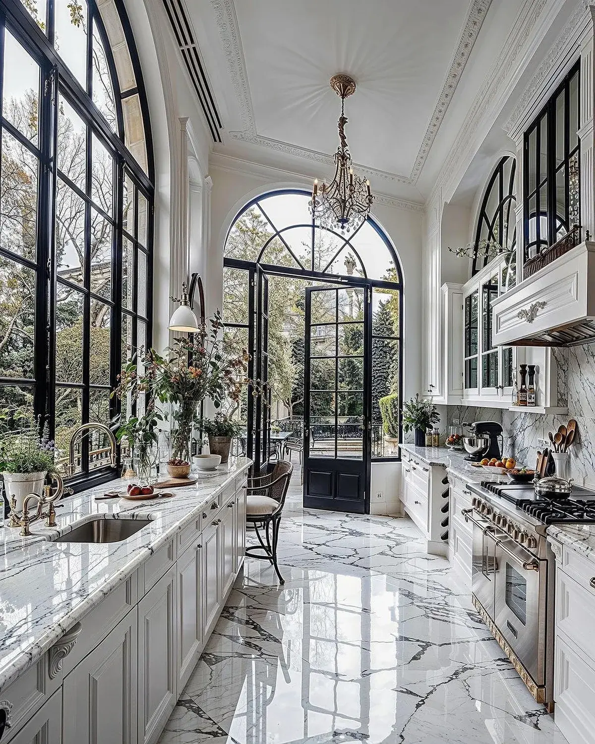 Grand white kitchen with polished marble worktops, splashback and floor and tall glazed doors