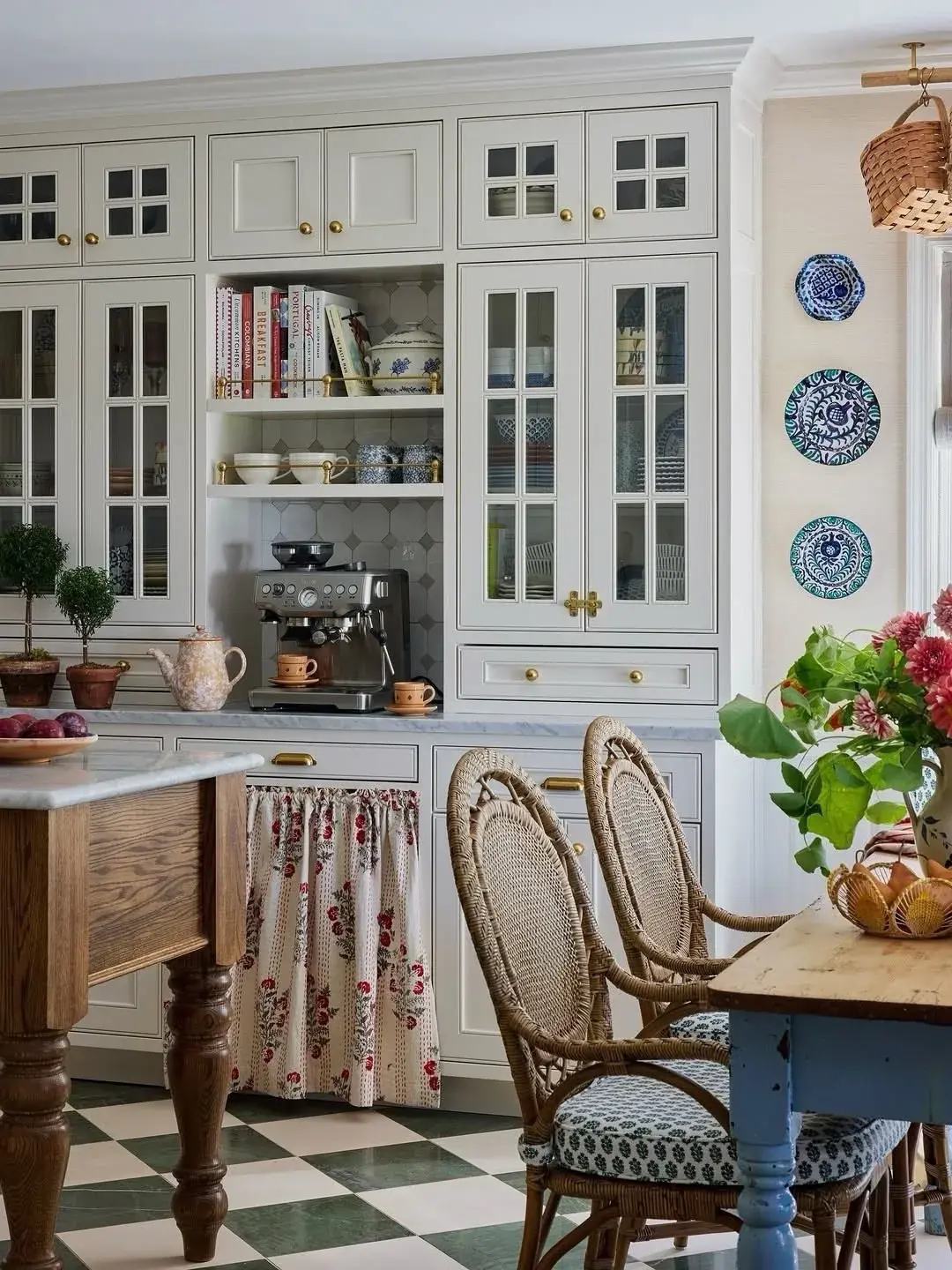 Cream cottage dresser with glass-fronted cabinets, brass knobs and a coffee station