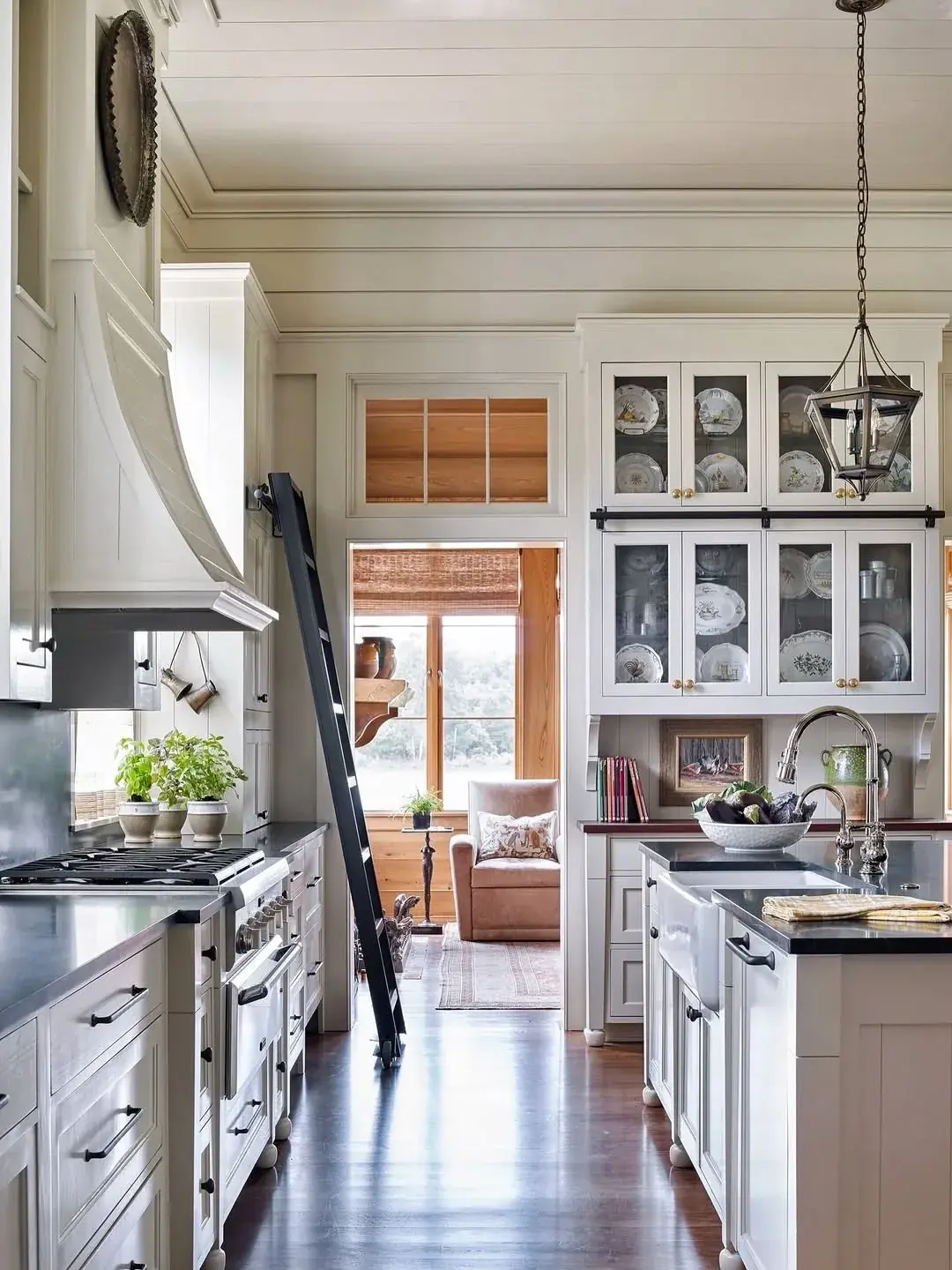 Cream kitchen with black iron hardware, glass-front cabinets and a library ladder