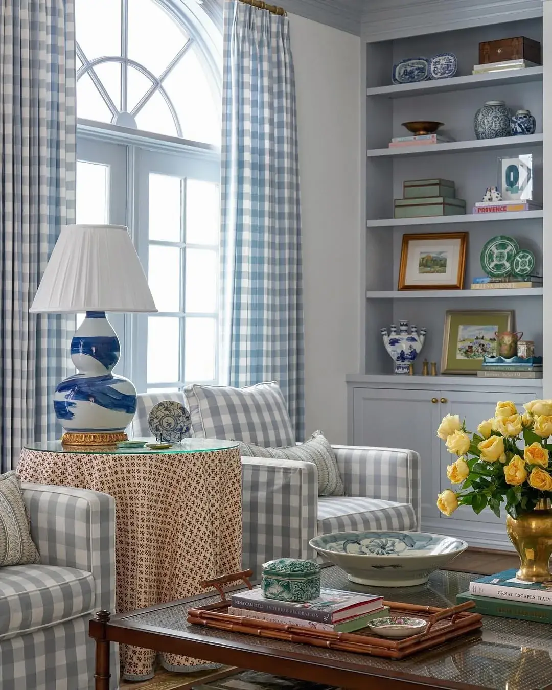 Blue and white gingham living room