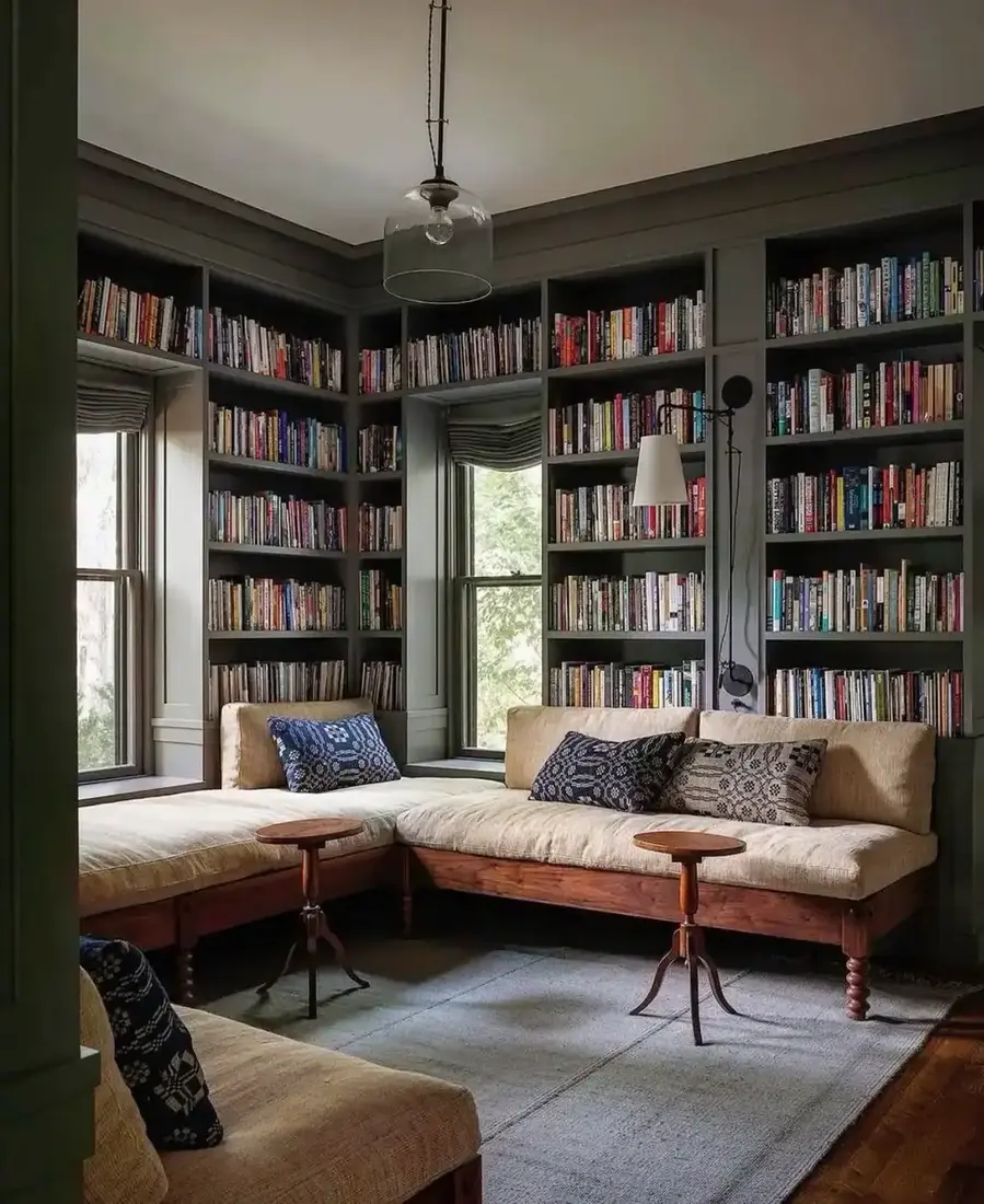 Green painted built-in bookshelves packed with books above linen window seats