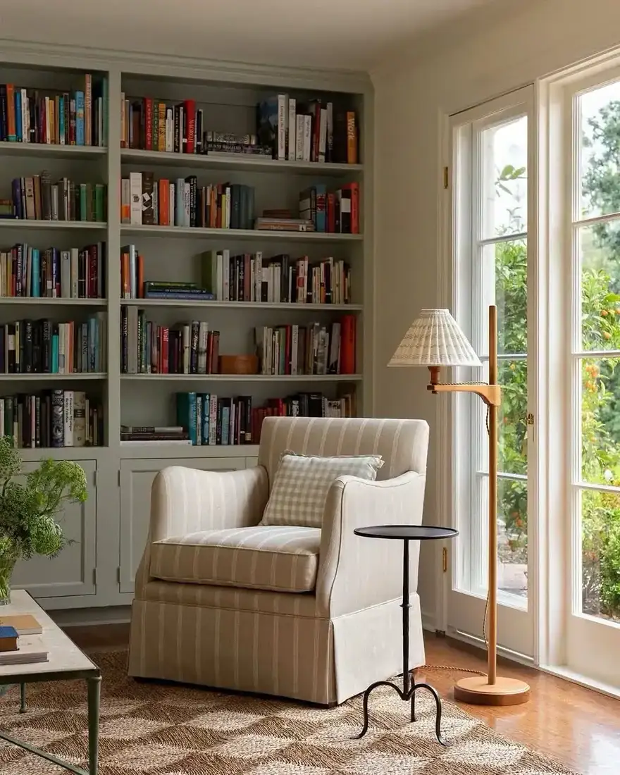 Pale green built-in bookcase of colour grouped books beside a striped armchair