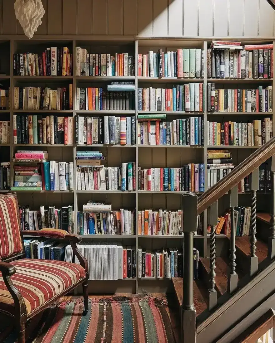 Dense bookshelves packed with paperbacks beside a wooden staircase