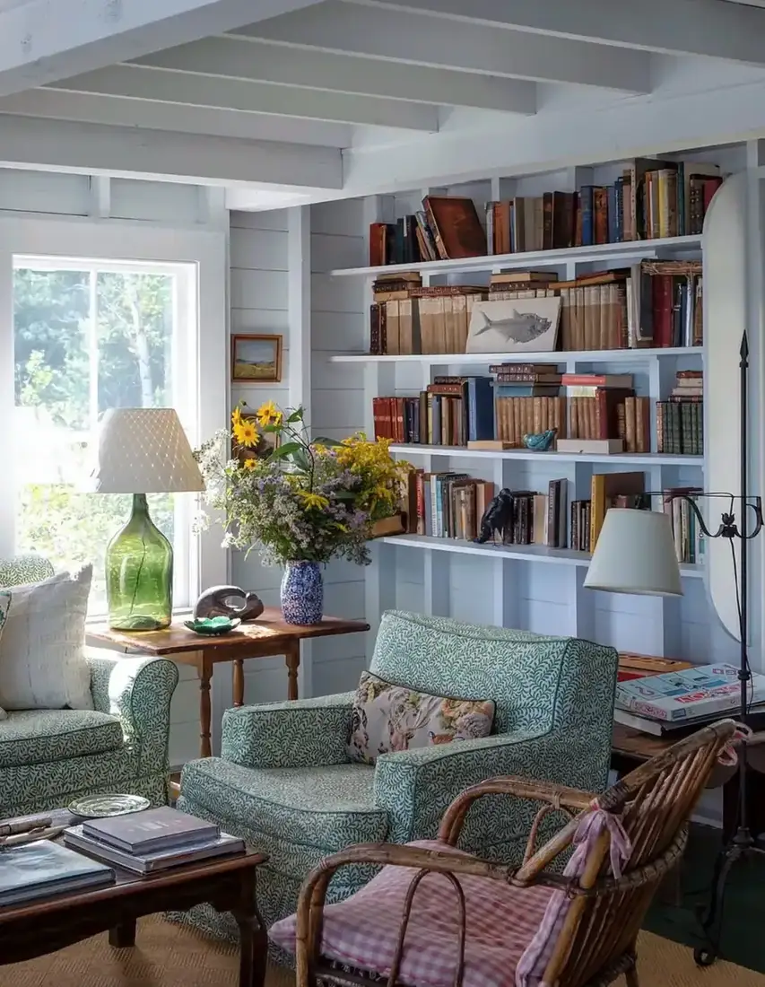 Pale blue open bookshelves in a cottage sitting room with green armchairs