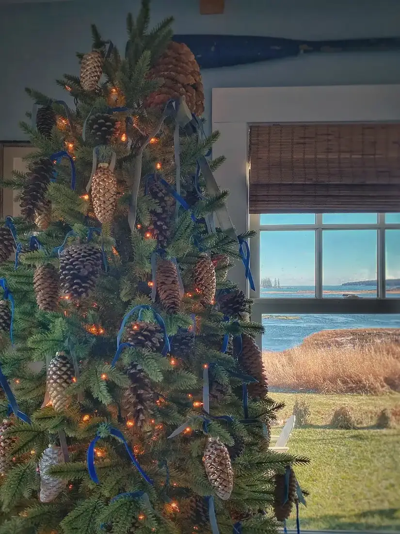 Large pinecone decorated Christmas tree with harbour and marsh beyond window