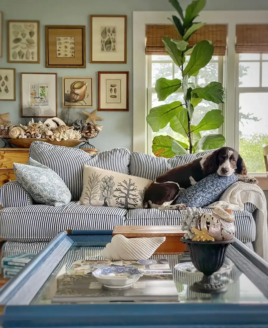 Pale striped sofa by harbour window, yellow pot and dark patterned pillows
