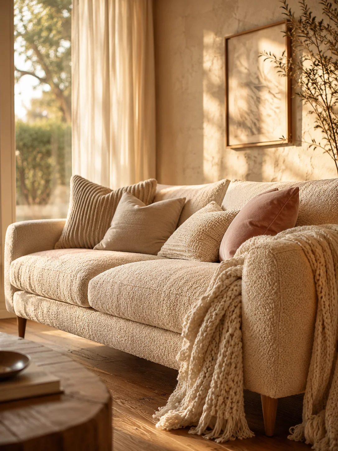 Deep-seat cream bouclé sofa with layered cushions and a chunky knit throw draped over one arm