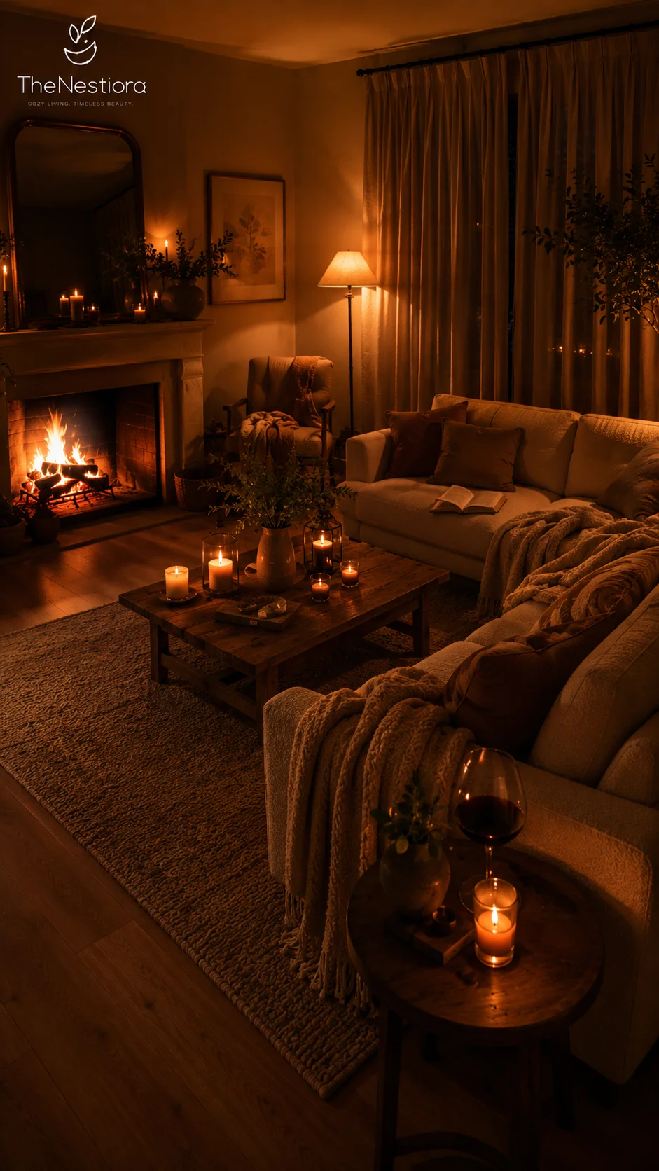 Multiple warm light sources creating depth in a neutral evening living room