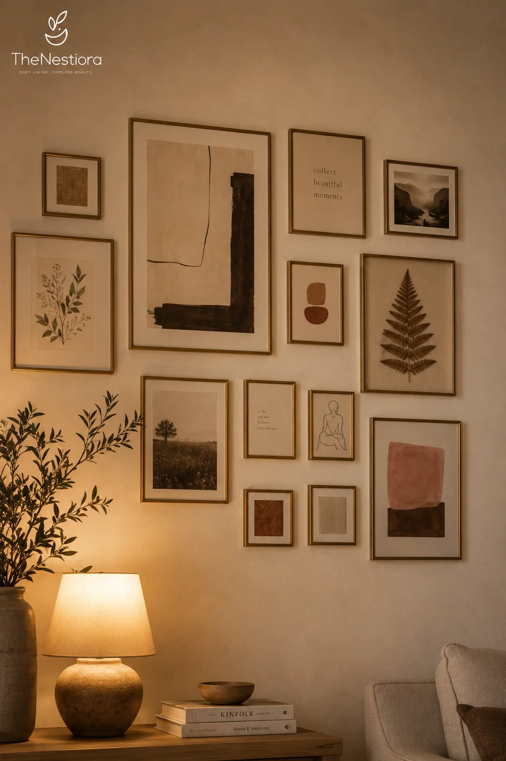 A personal gallery wall of mixed-size prints in thin brass frames above a console with a glowing table lamp