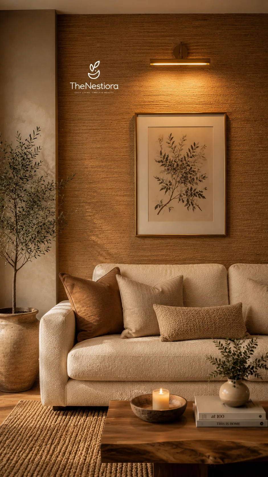 A warm honey grasscloth feature wall behind a bouclé sofa, lit by a brass picture light above a botanical print
