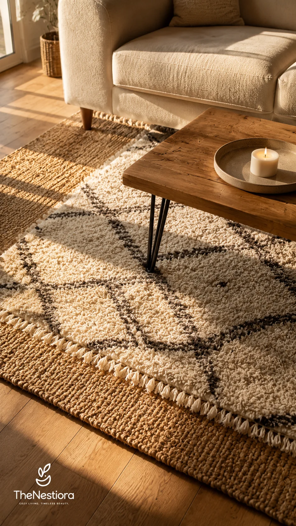 A jute base rug layered with a cream hand-knotted Moroccan Beni Ourain rug under a sofa and coffee table