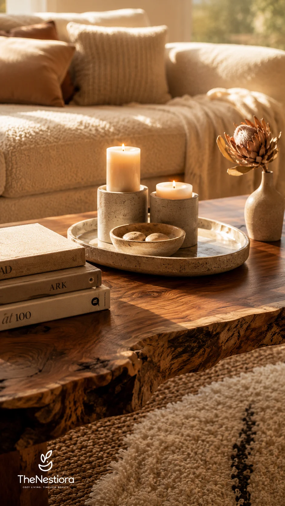 Statement travertine coffee table anchoring a neutral living room