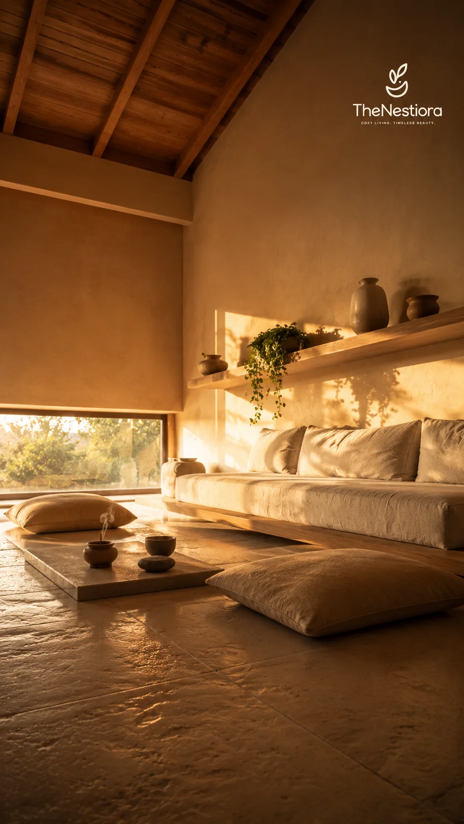Low Japandi-style platform sofa and floor cushions around a floor-level stone table in a serene, sunlit room