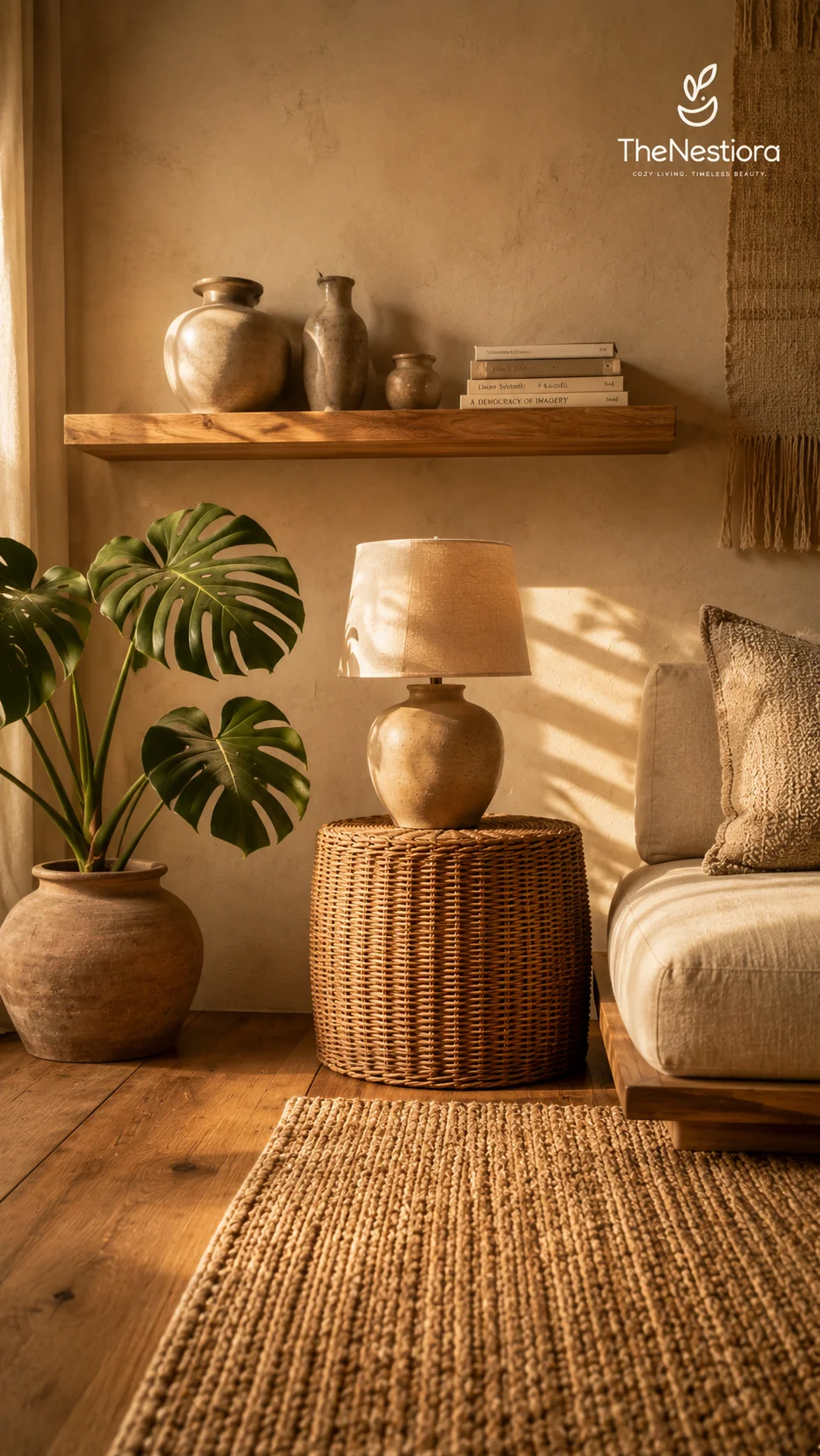 Natural wood grain providing pattern and warmth in a neutral space