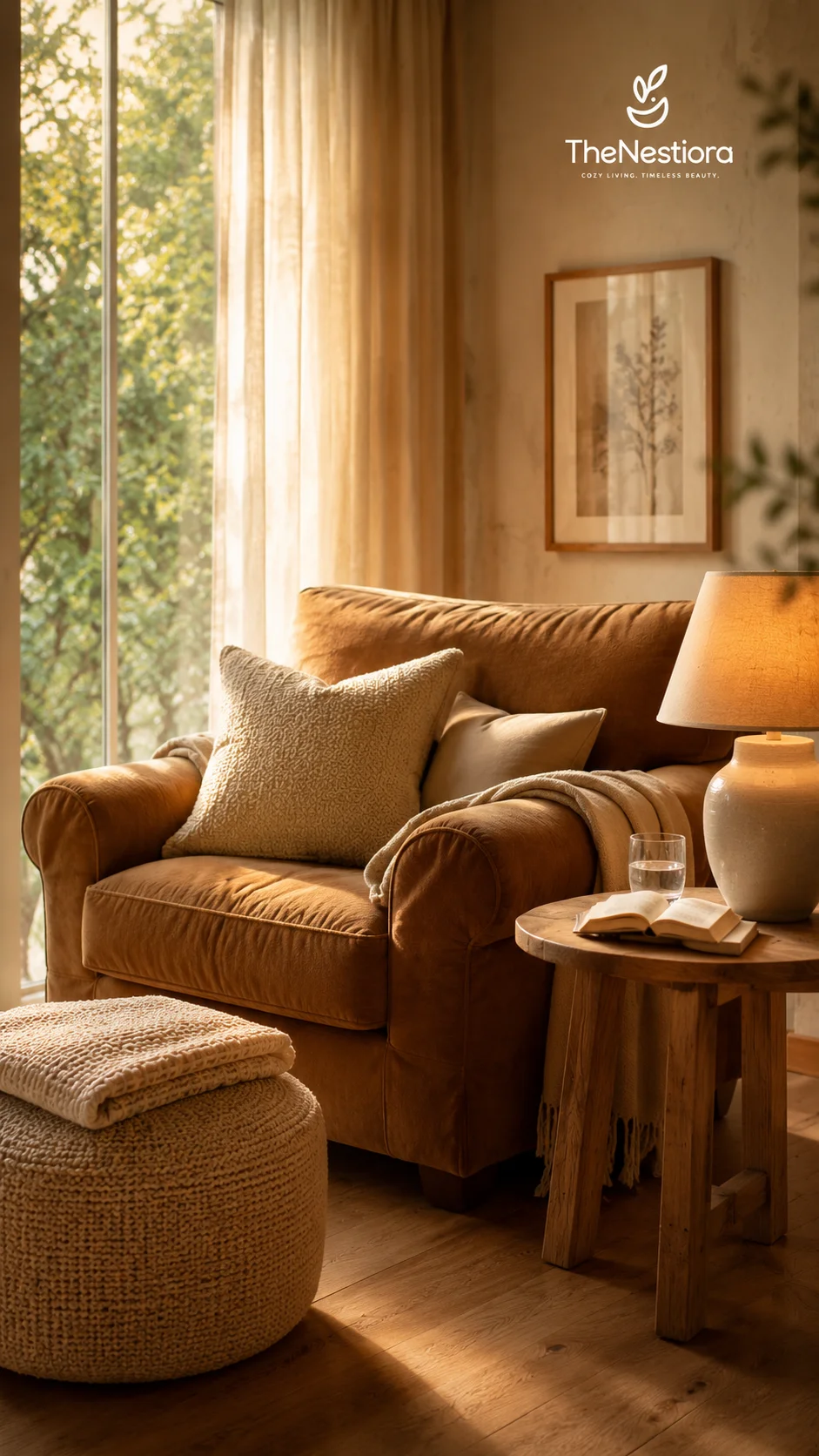 Caramel reading armchair with a footstool, side table, ceramic lamp, and an open book in a sunlit corner