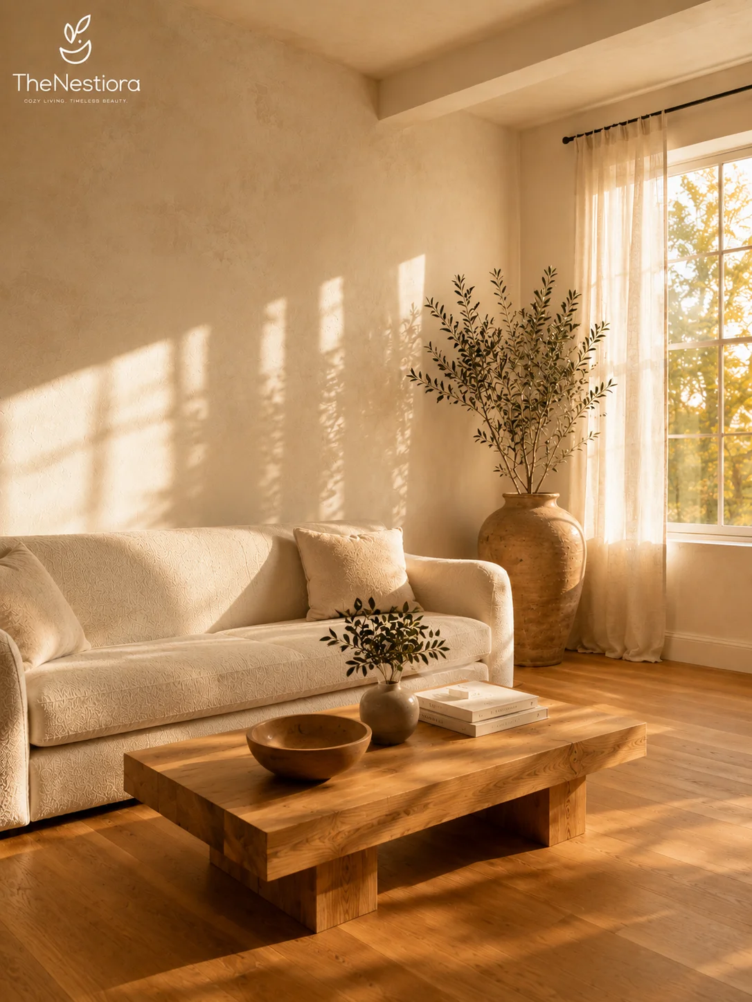 A softly lamp-lit warm living room where layered lighting replaces harsh overhead glare with an inviting glow
