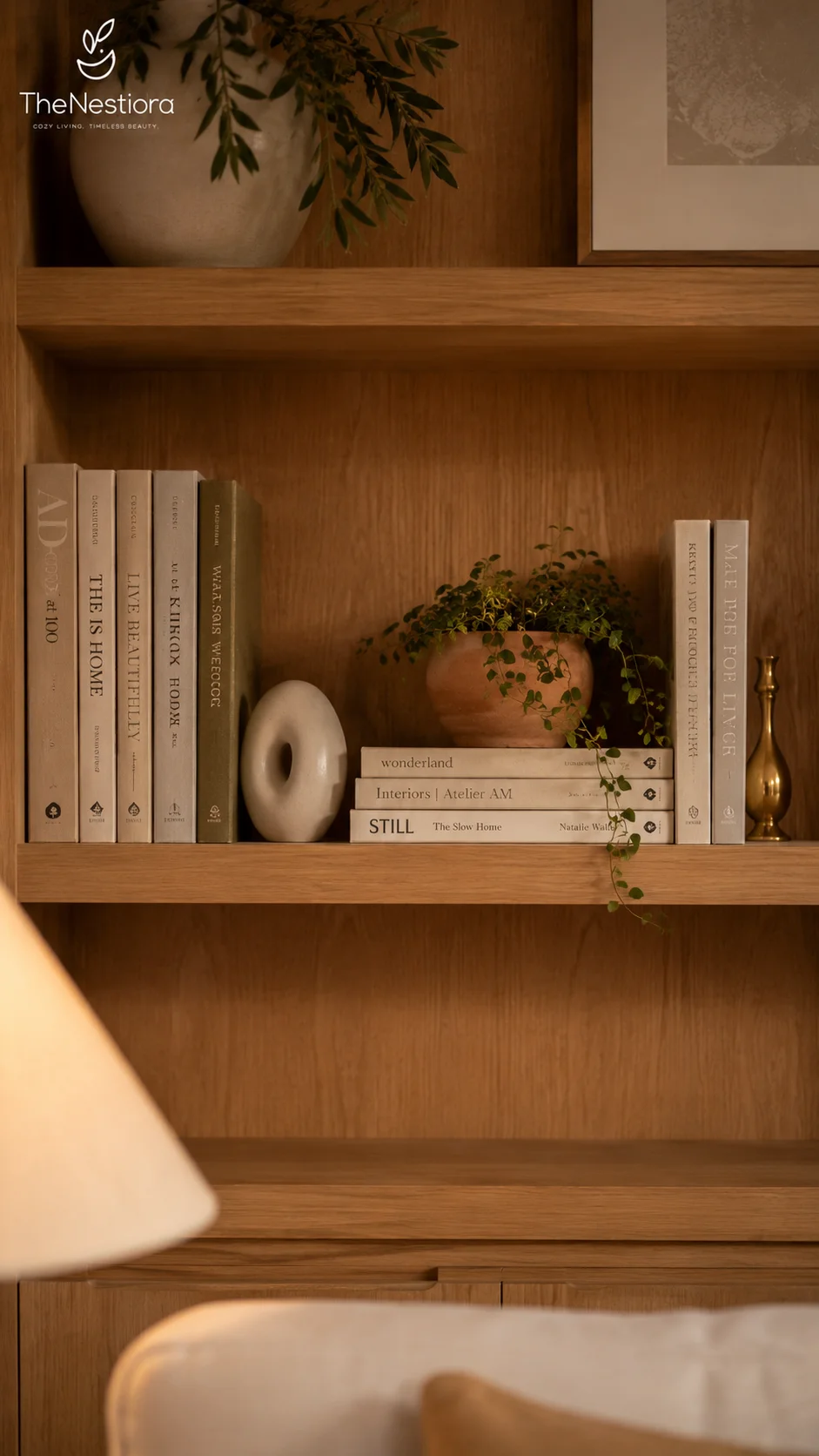 An oak bookshelf styled with vertical and horizontal book groupings, ceramic objects, and a small trailing plant