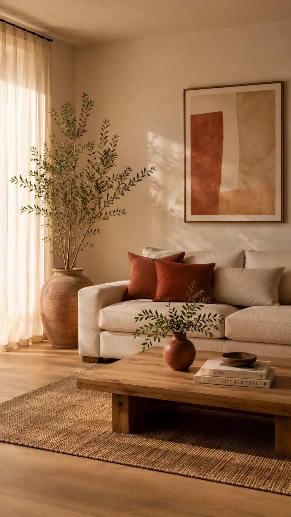 A warm neutral living room punctuated by deep terracotta — two cushions, a ceramic vase, and a terracotta-toned art print