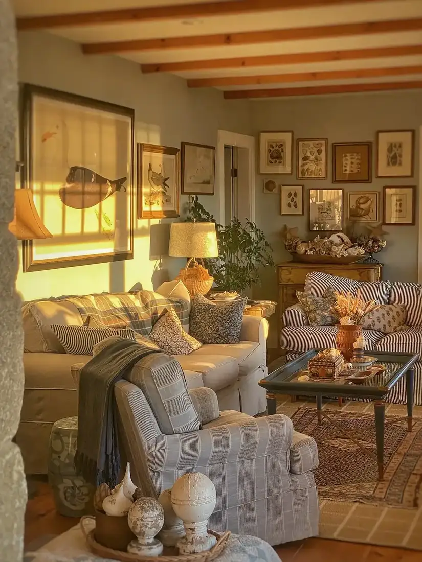 Striped sofas and gallery wall in low evening sun with exposed joists