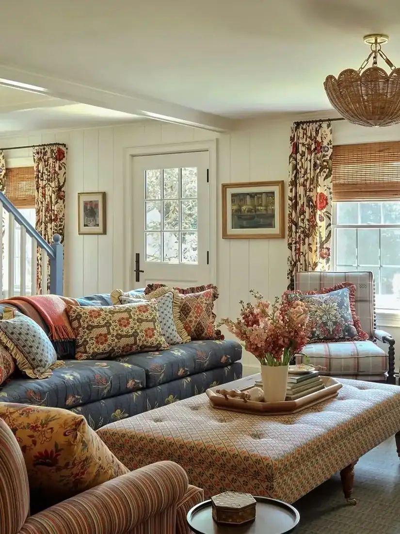 Blue floral sofa with layered cushions and patterned ottoman beside a checked chair