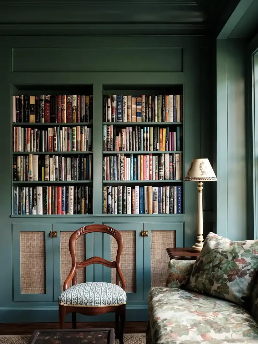 Fitted deep green bookcase with cane-front cupboards below and open shelves of books above